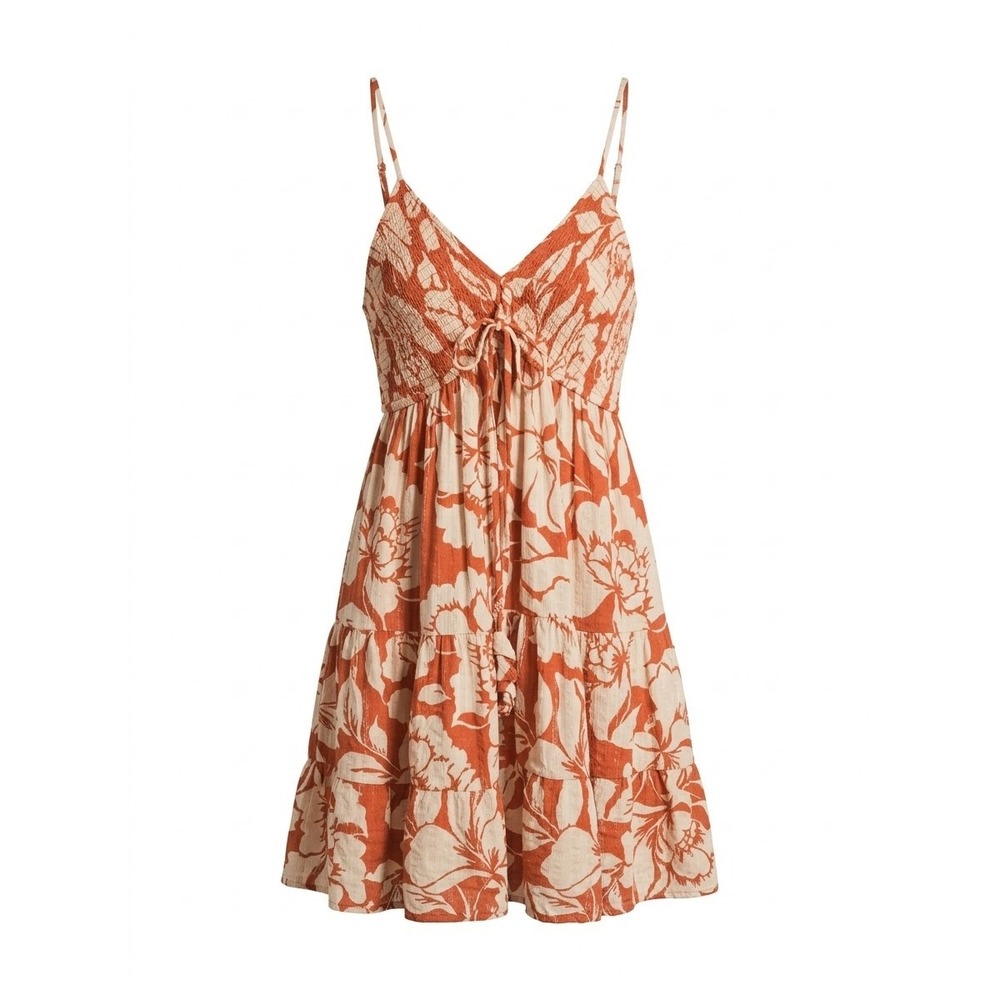Angie Mini Dress Womens Large Orange Floral Smocked Tiered Boho Summer